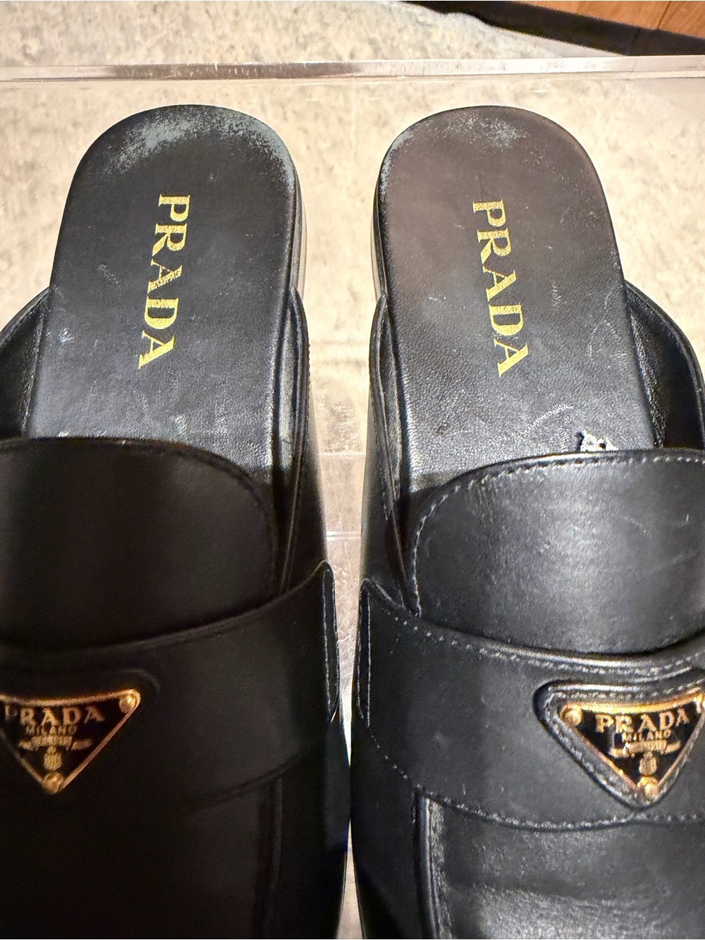 Prada Black Leather Backless Loafer Mule with Gold Triangle Hardware - Picture 7 of 13
